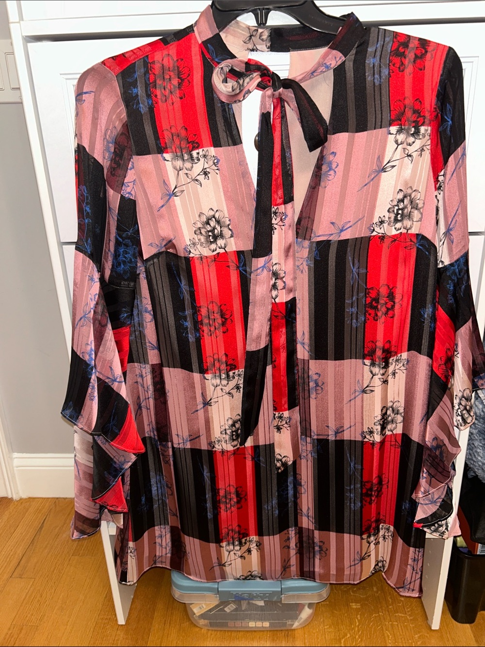 BCBGeneration Floral Plaid Tie-Neck Blouse in Red, Pink and Black